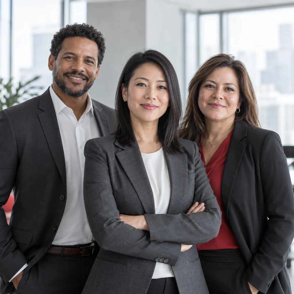 Retrato ilustrativo de tres profesionales de un equipo multicultural de tecnología.